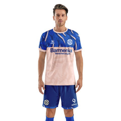 Men Soccer Jersey with Short, Customize Name Number Shirt, Football Training Kit Lava Pink Blue