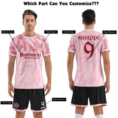 Men Soccer Jersey with Short, Customize Name Number Shirt, Football Training Kit Lava Pink