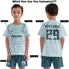 ORKY Child Soccer Jersey with Short, Customize Name Number Shirt, Football Training Kit Wasp Sting Cyan