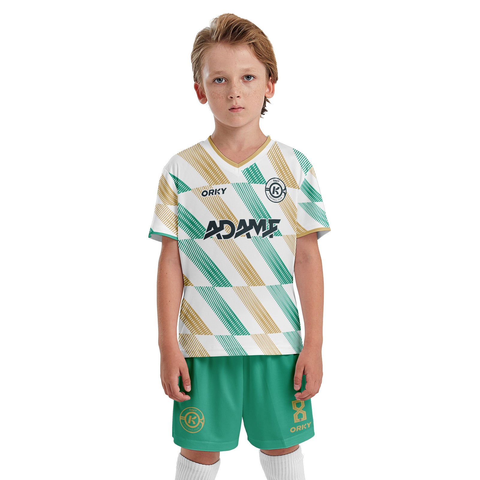 ORKY Kids Soccer Jersey with Short, Customize Name Number Shirt, Football Training Kit Melody Green