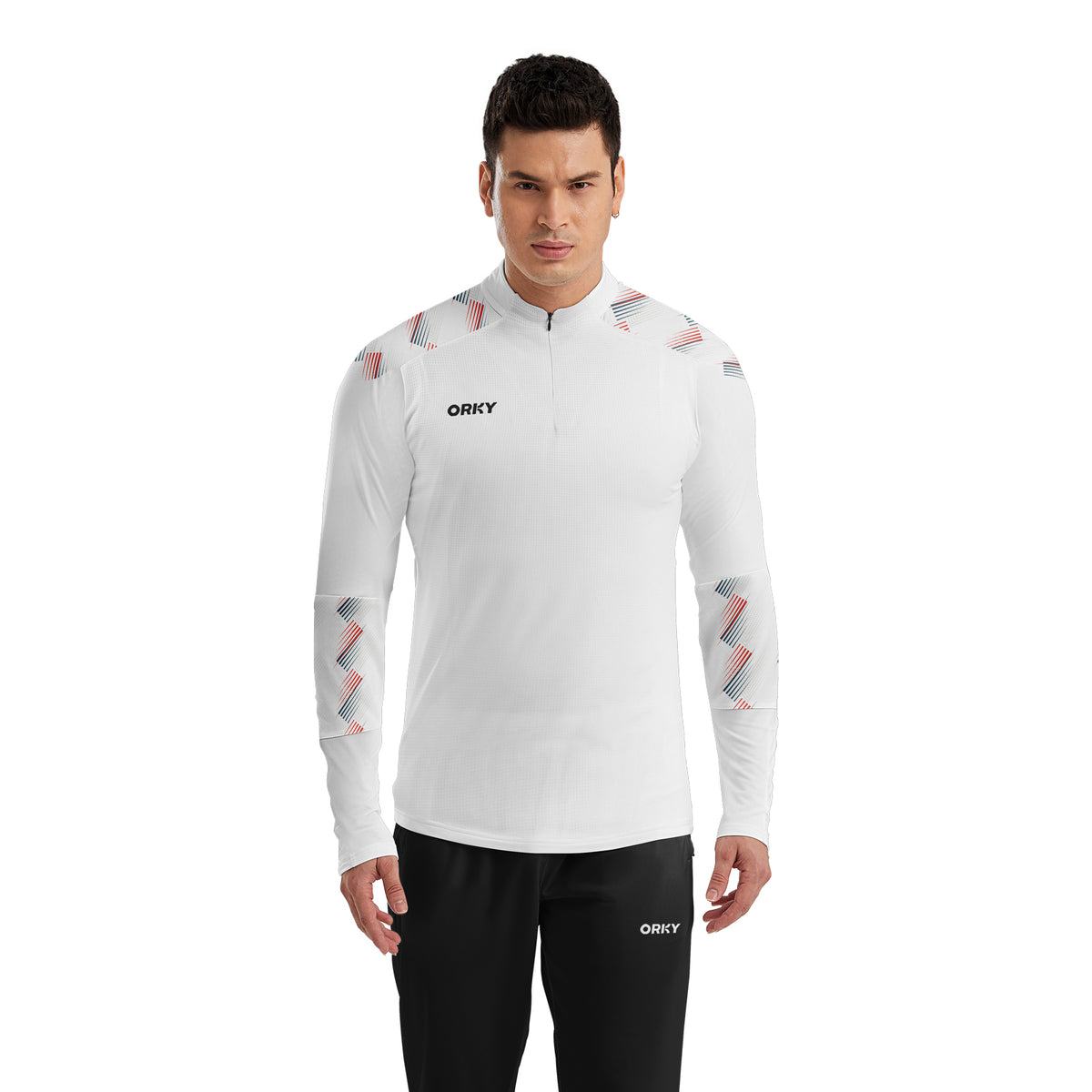 ORKY Men 1/4 Zip Sweatshirt, Customize Number Soccer Training Pullover, Football Warm Up Top White