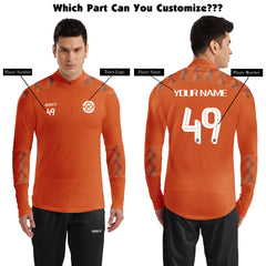 ORKY Men 1/4 Zip Sweatshirt, Customize Number Soccer Training Pullover, Football Warm Up Top Orange