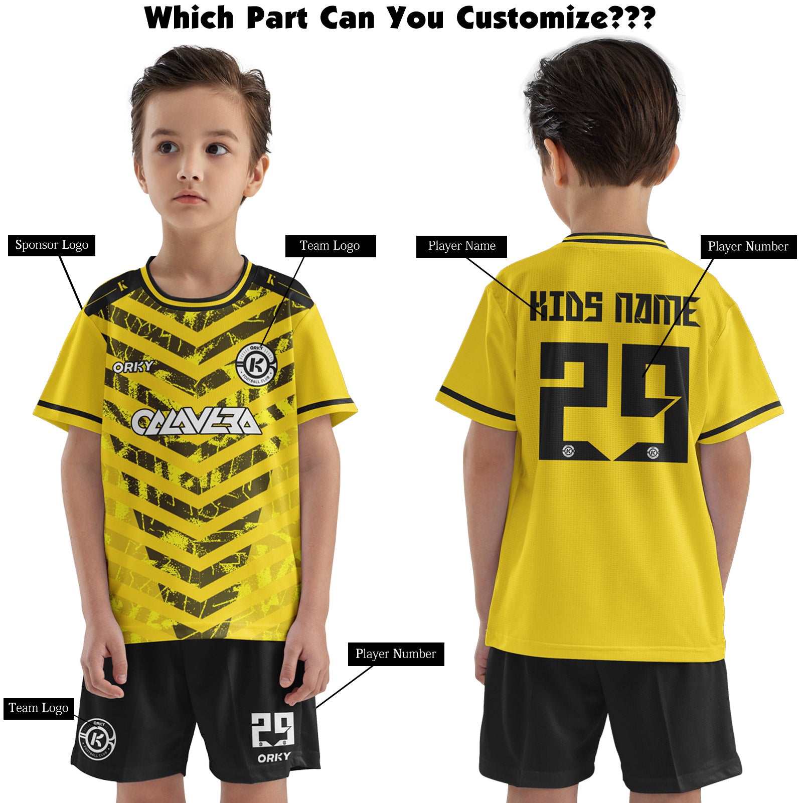 ORKY Child Soccer Jersey with Short, Customize Name Number Shirt, Football Training Kit Bumblebee