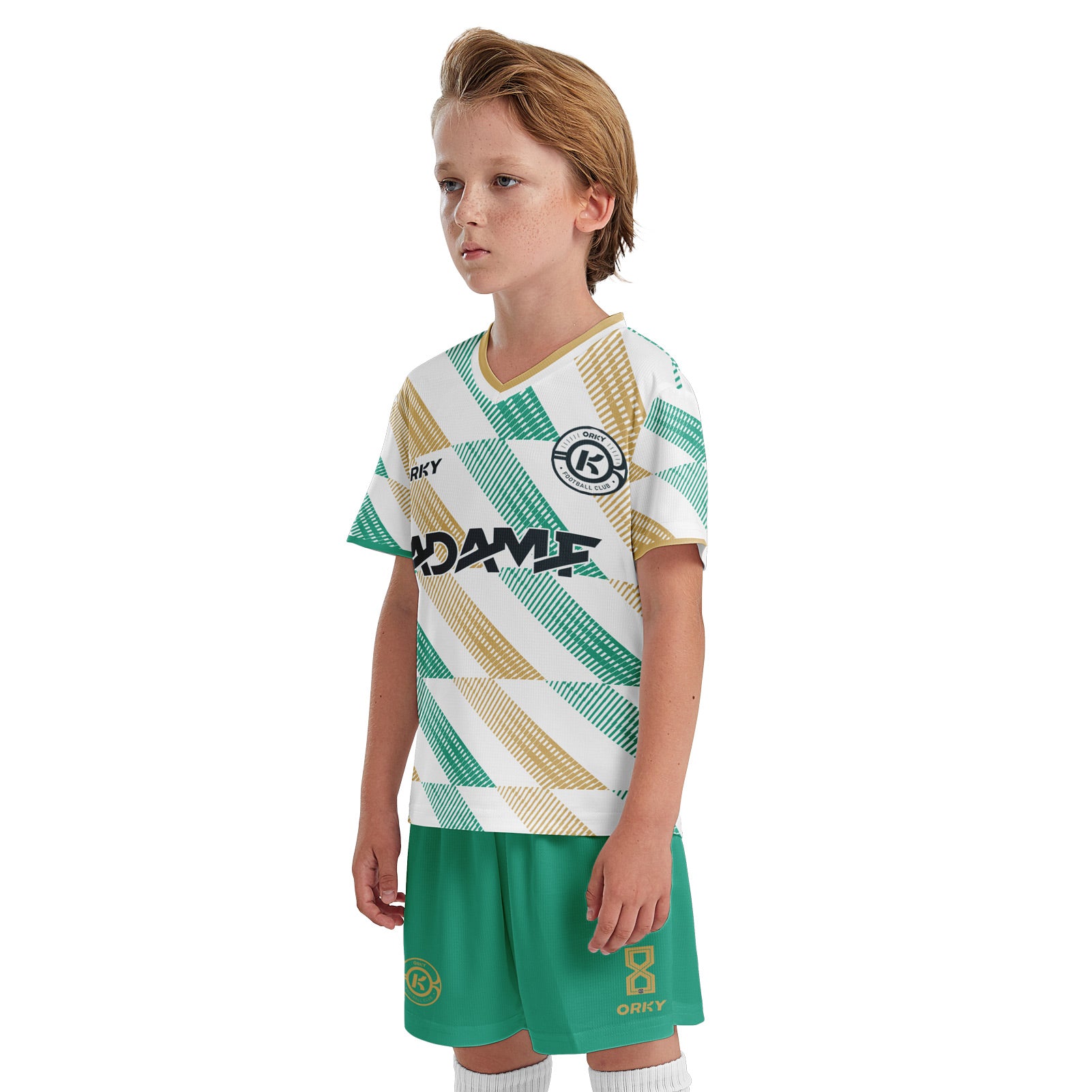 ORKY Kids Soccer Jersey with Short, Customize Name Number Shirt, Football Training Kit Melody Green