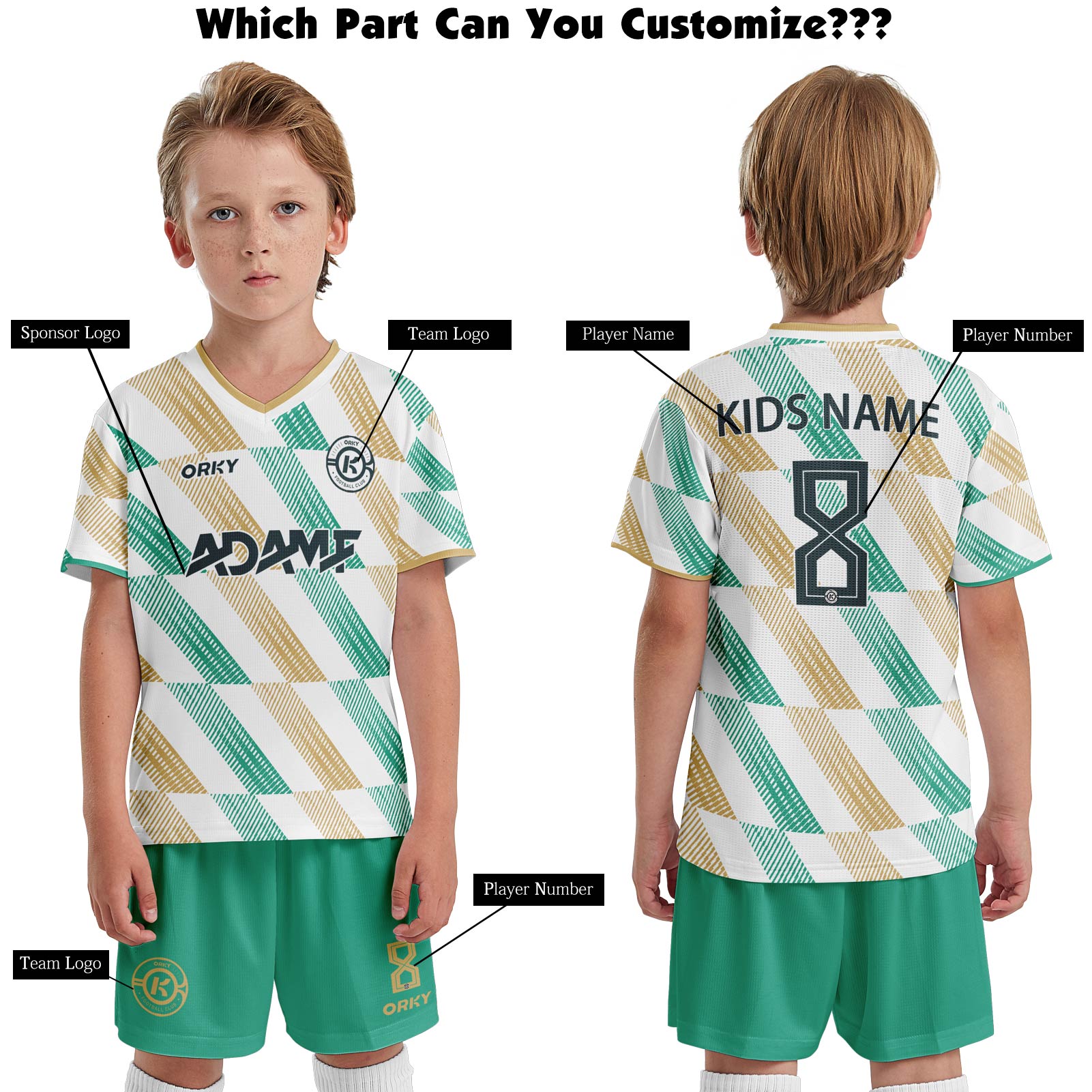 ORKY Kids Soccer Jersey with Short, Customize Name Number Shirt, Football Training Kit Melody Green