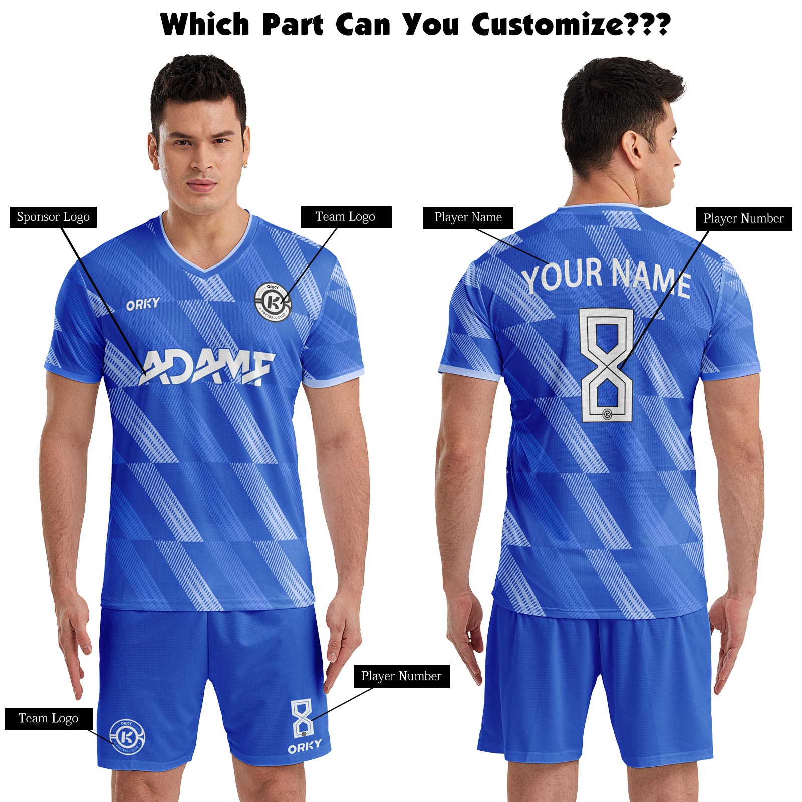 ORKY Men Soccer Jersey with Short, Customize Name Number Shirt, Football Training Kit Melody Blue