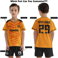 ORKY Child Soccer Jersey with Short, Customize Name Number Shirt, Football Training Kit Wasp Sting Orange