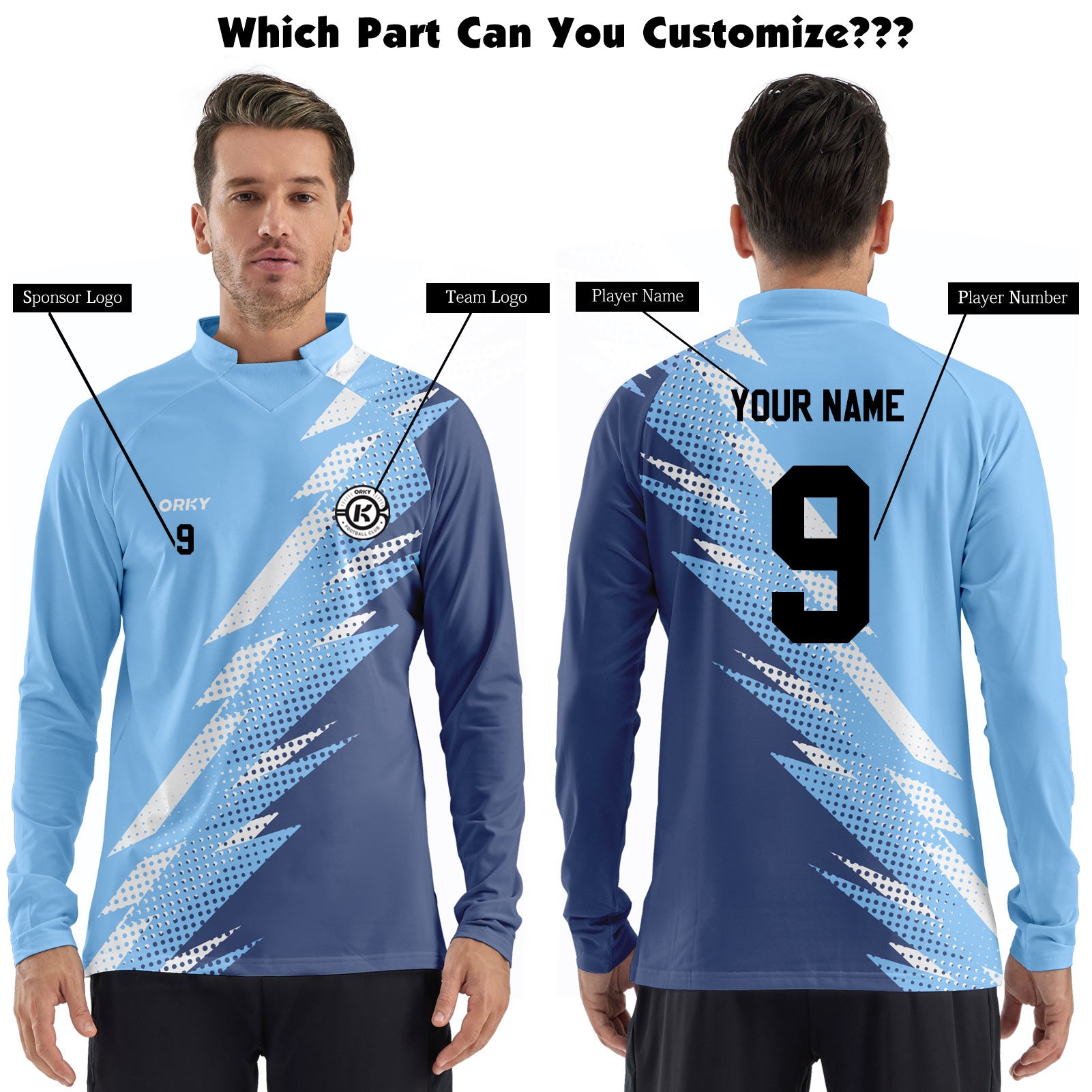 ORKY Men Customize Soccer Sweatshirt, Custom Made Name Number Pullover, Football Warm Up Top Blue