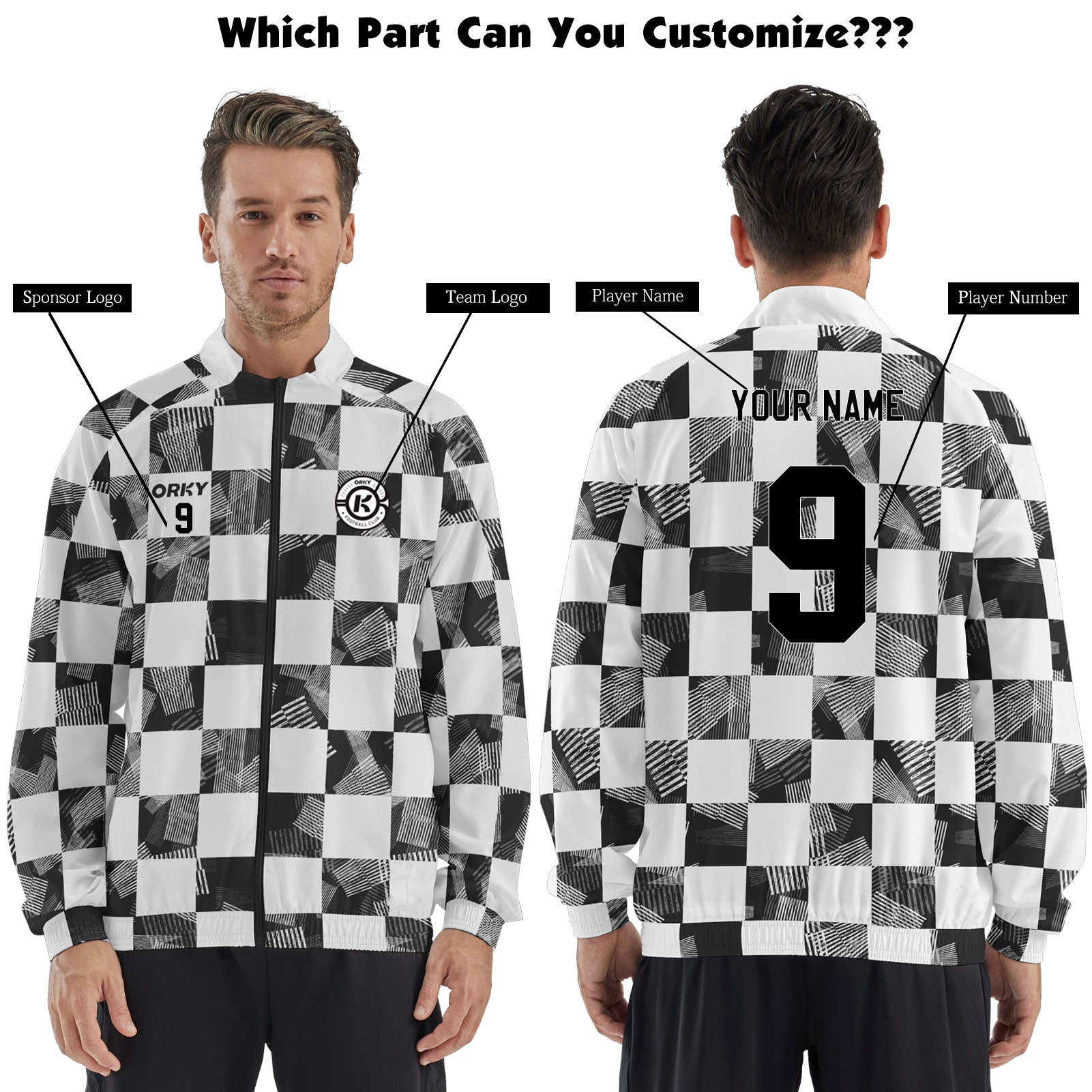 ORKY Men Customize Soccer Jacket, Custom Made Name Number Coat, Football Warm Up Outfit Checks Black