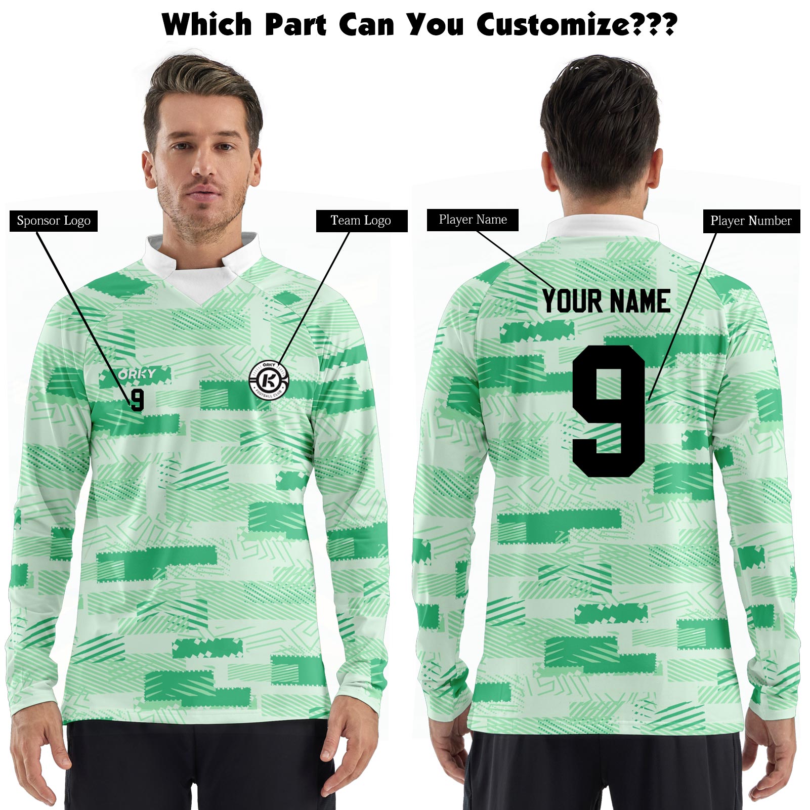 ORKY Men Customize Soccer Sweatshirt, Custom Made Name Number Jumper, Football Warm Up Pullover Light Green