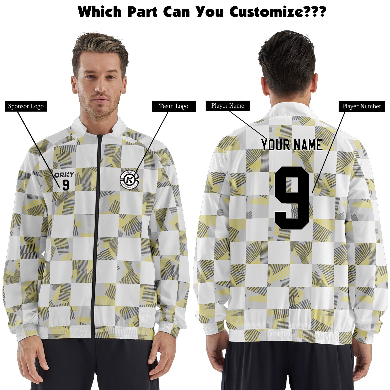 ORKY Men Customize Soccer Jacket, Custom Made Name Number Coat, Football Warm Up Outfit Checks White